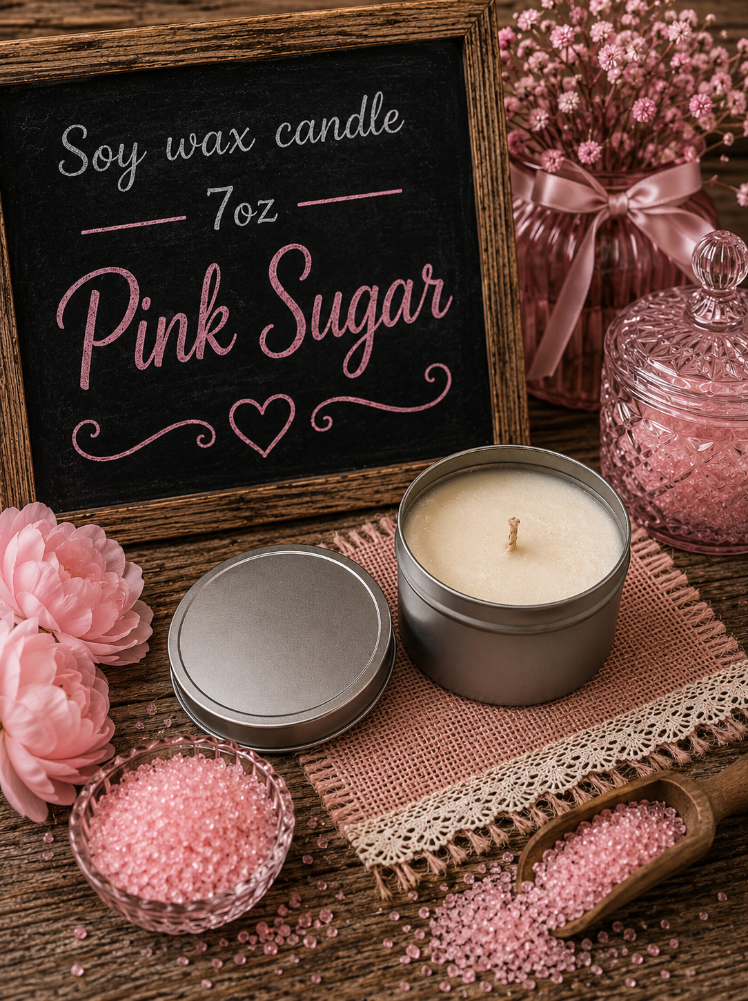 Pink sugar 7oz tin candle