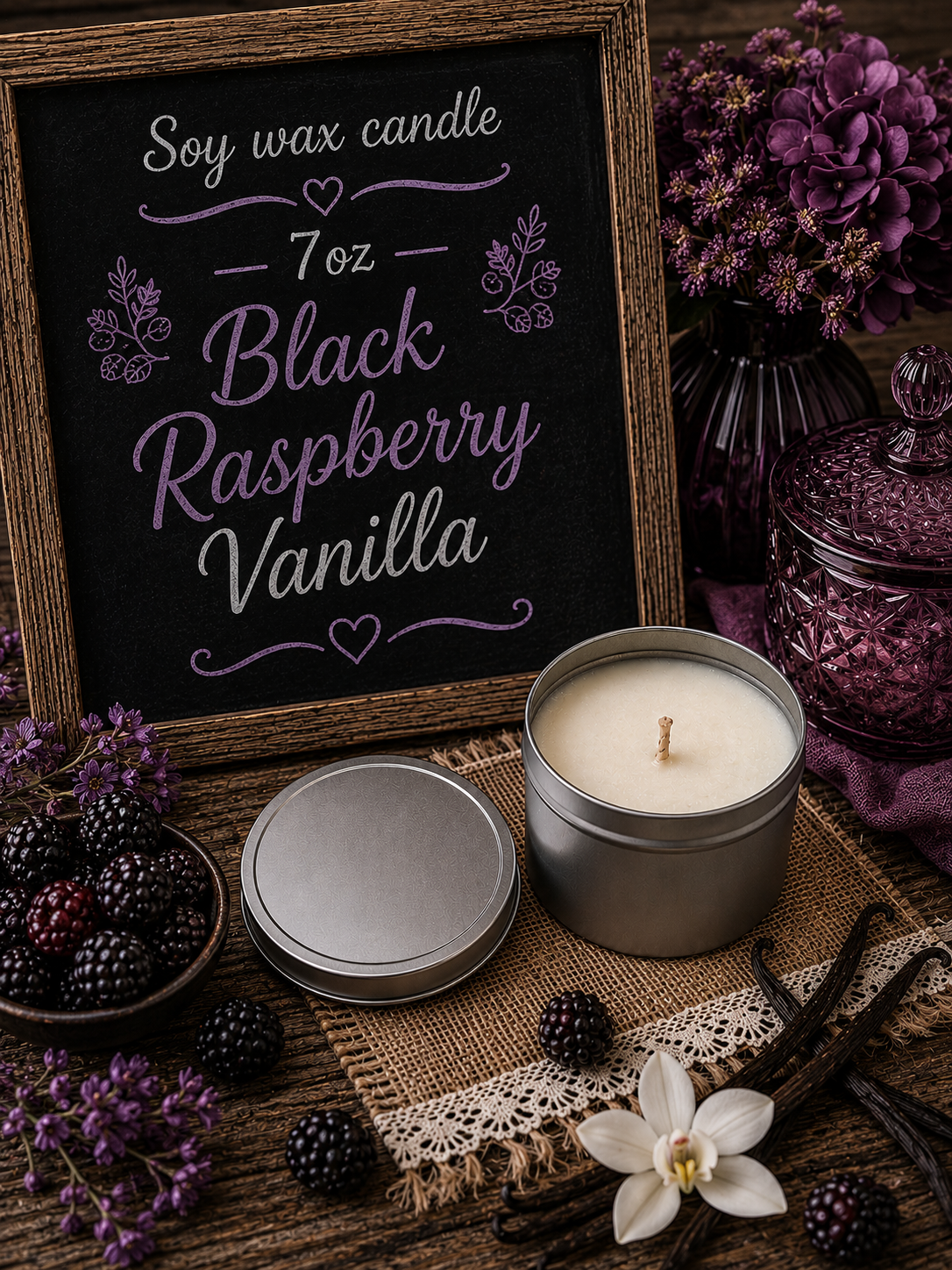 Black raspberry vanilla 7oz tin candle
