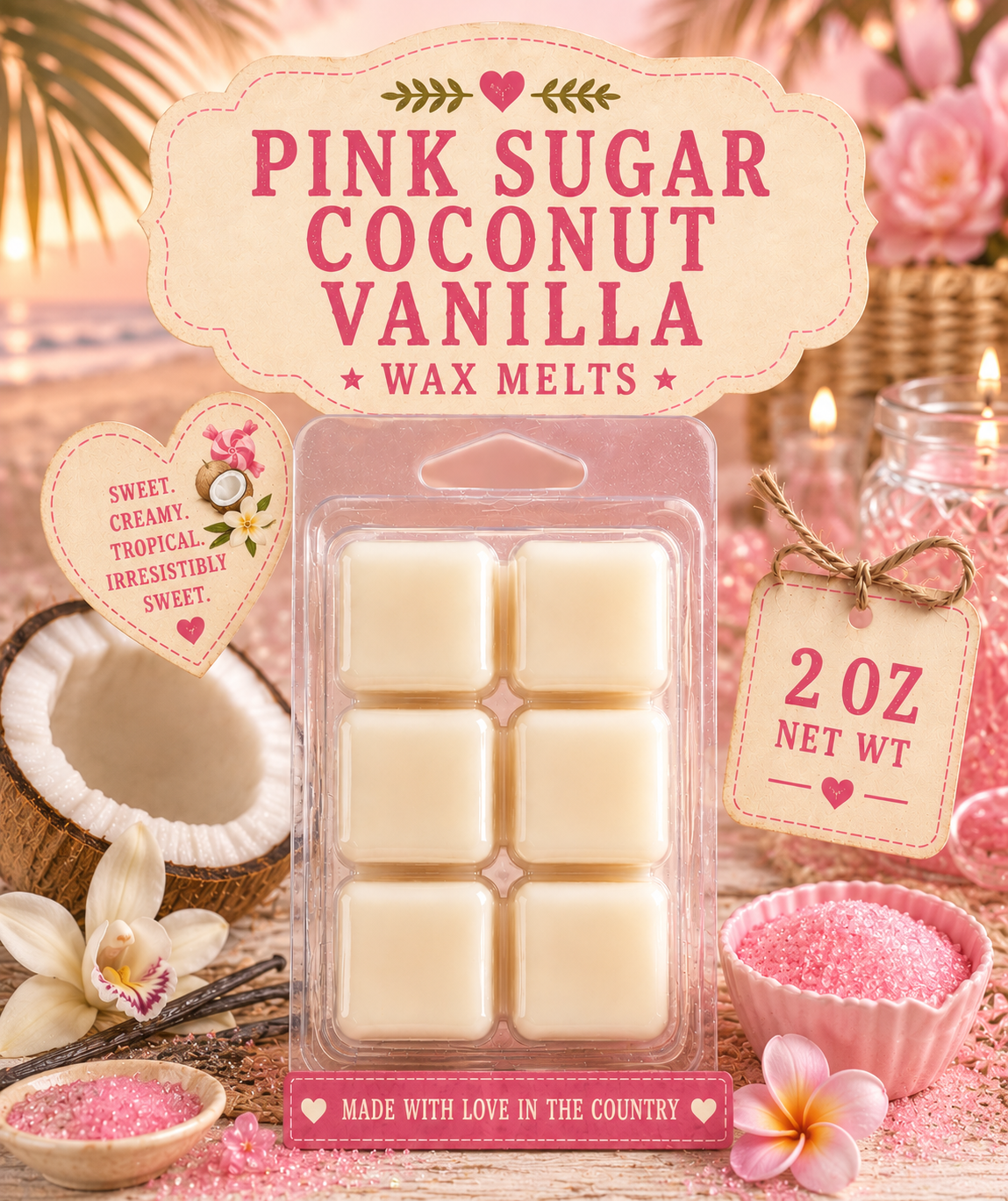 Pink sudar coconut vanilla wax melt