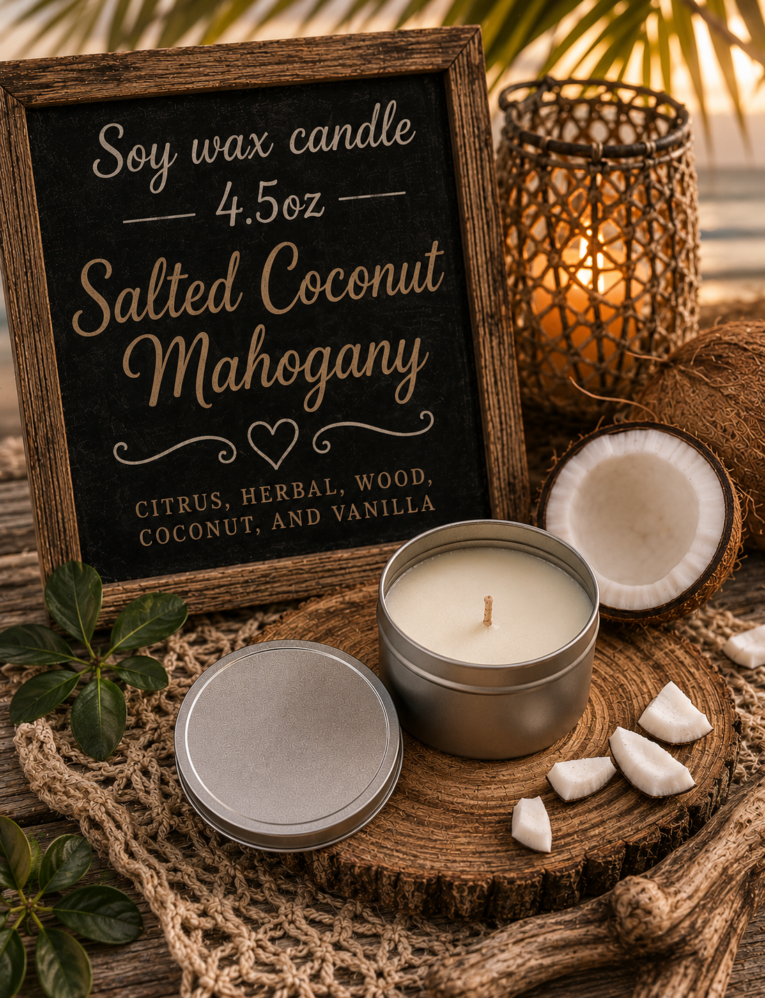 Salted coconut mahogany 4.5oz tin candle