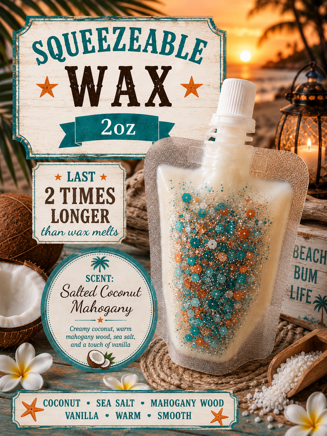 Salted coconut mahogany 2oz squeezeable wax